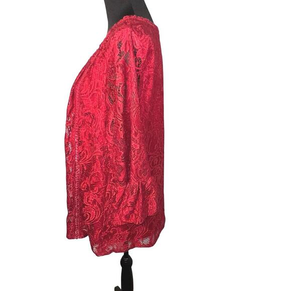 Liz Claiborne Womens1X Holiday Red Lace Overlay Bobble Neckline Sheer Bell Tunic - Picture 2 of 8